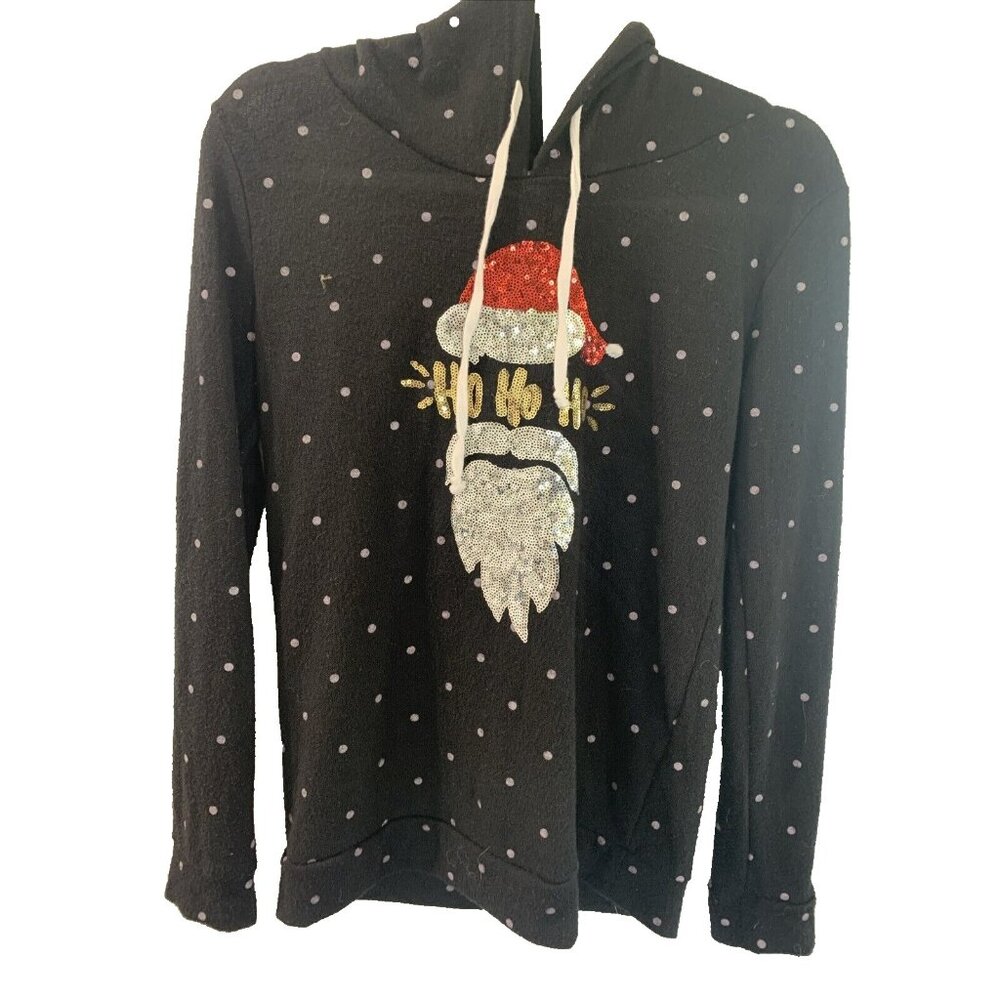 Merry Christmas by Poof New York Black Hoodie with Santa Ho Ho Ho Sz S Sequins